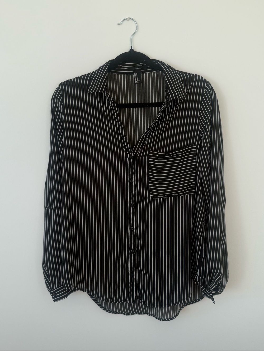 Forever 21 Black Button-Down Shirt with White Pinstripes
